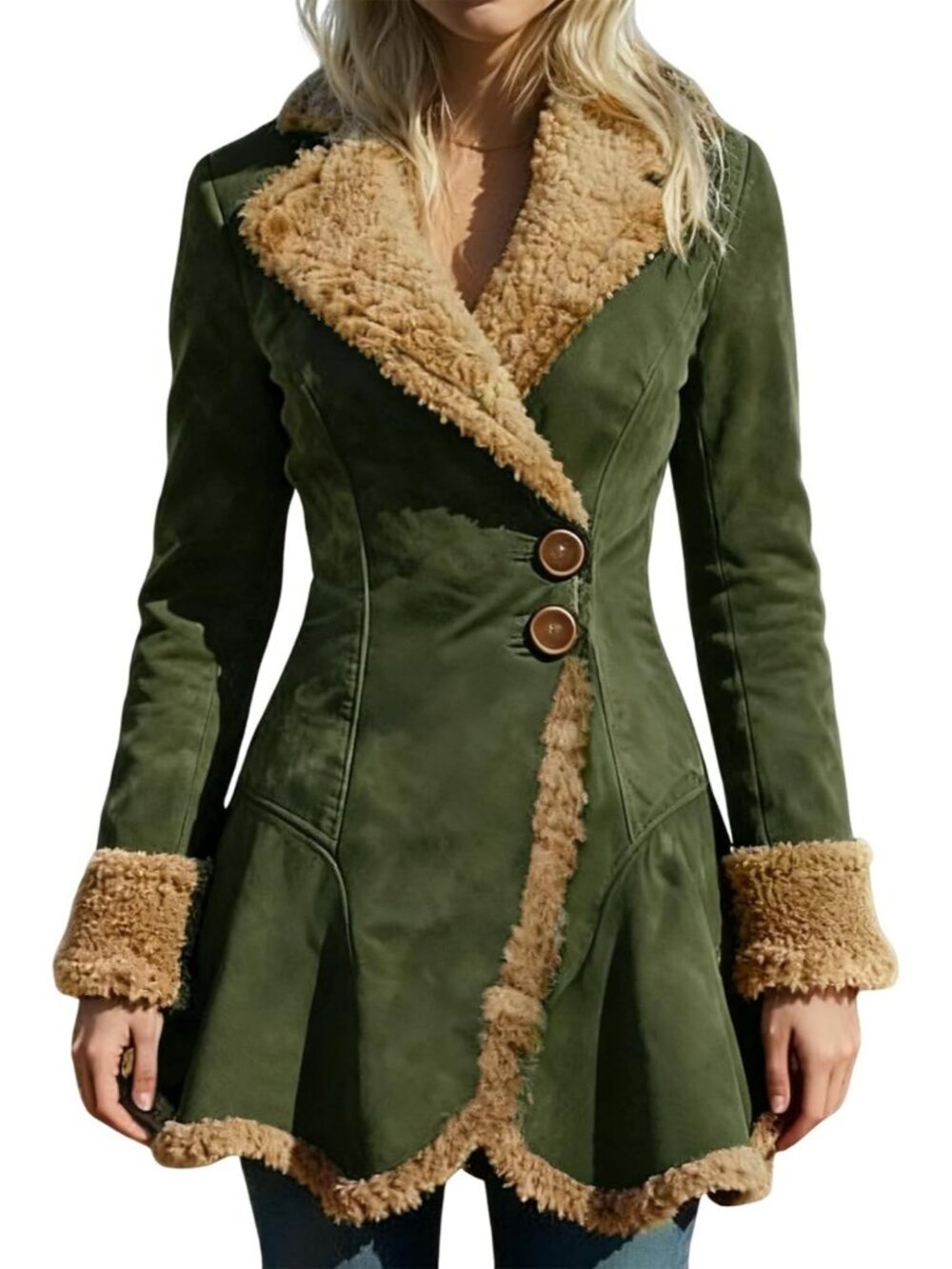 Women's Green Faux Leather Long Sleeve Casual Outfits Slim Fit Fleece Jackets